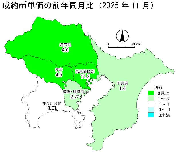 中古マンション成約㎡単価の前年同月比