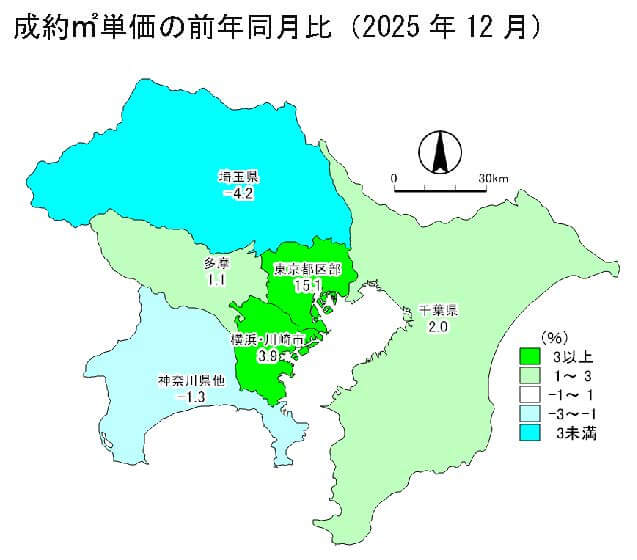 中古マンション成約㎡単価の前年同月比