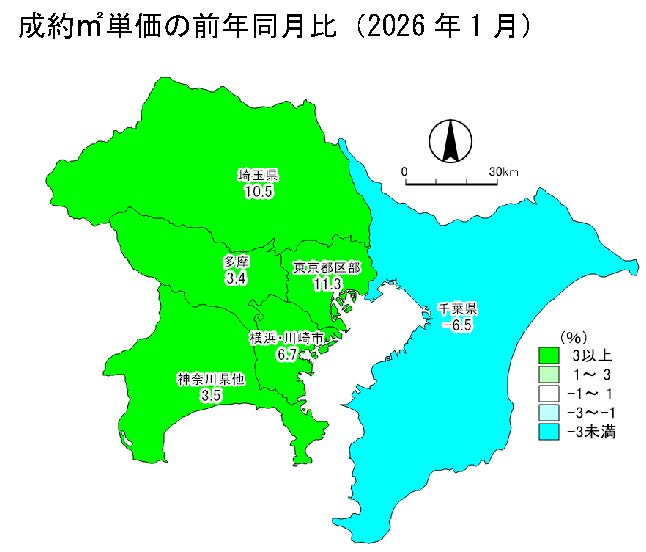 中古マンション成約㎡単価の前年同月比